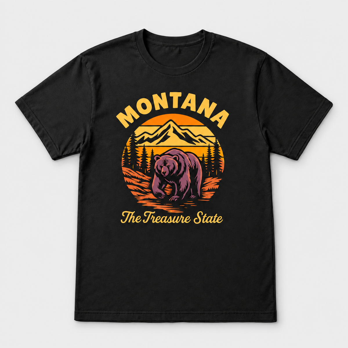 Montana The Treasure State black tee, front view on light gray background