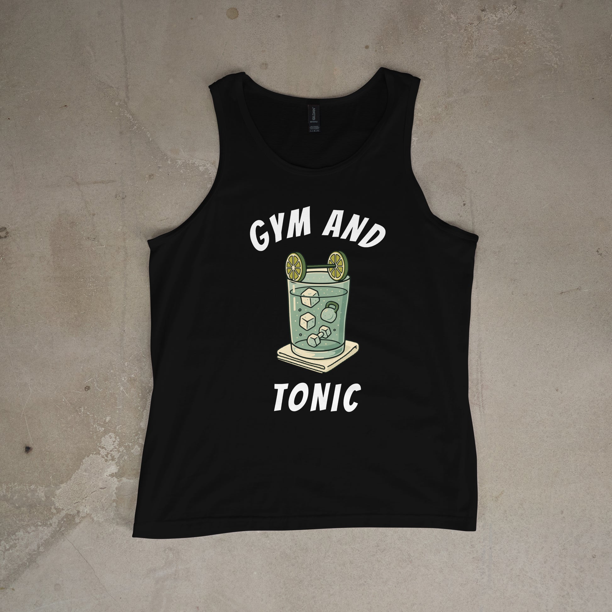Black tank top with 'Gym and Tonic' graphic on a textured surface