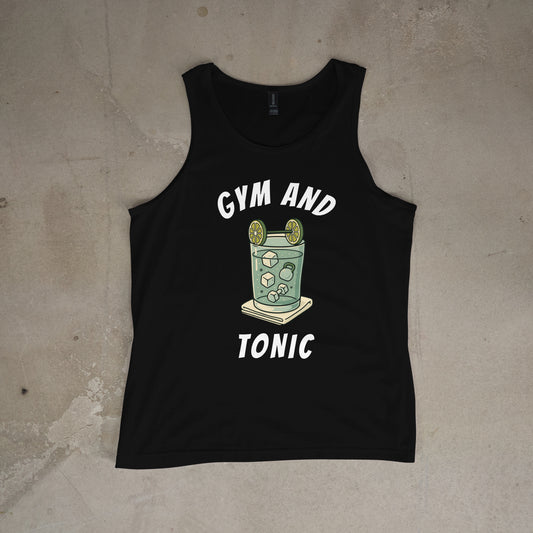 Black tank top with 'Gym and Tonic' graphic on a textured surface